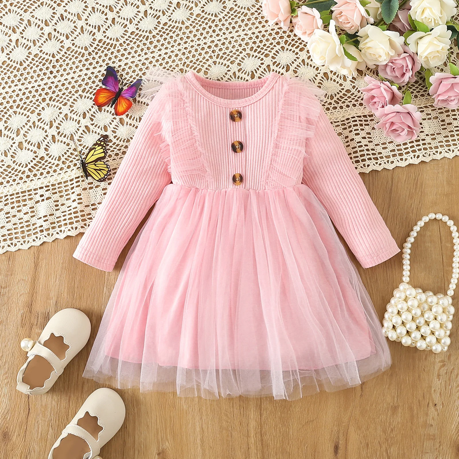 

Children Baby Girl Knitted A-line Dress Fall Spring Toddler Crew Neck Tulle Dress Long Sleeve Dress Kids 3-24 Months Clothes