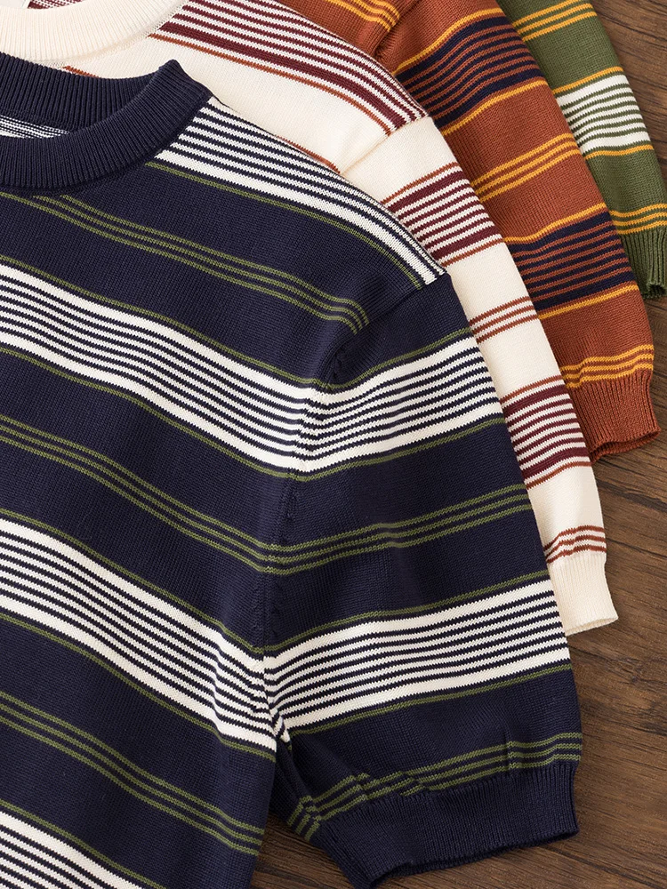 Heavyweight American Retro Airchi round Ne Elastic Stripe Lyocell  Knitted ort Sve Men's T-irt Summer Fai...