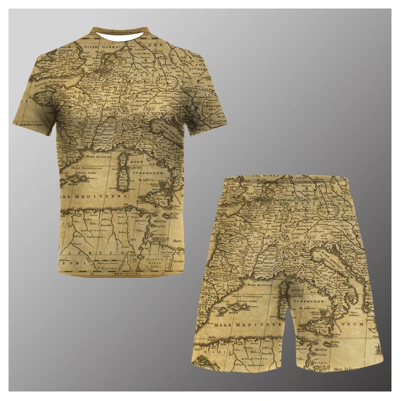 Camiseta con estampado 3D de mapa Medieval para ropa informal playa de 2 piezas, novedad de 2022| | -