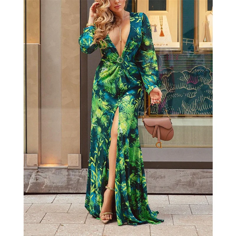 

Women Long Loose Deep V Neck Long Sleeve High Waist Tropical Print Plunging Neck Split Thigh Maxi Dress Summer Spring