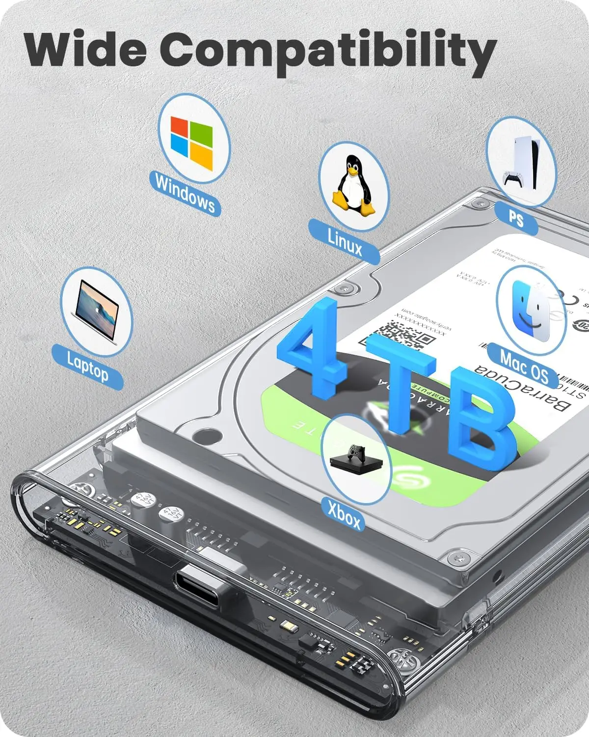 Tool-Free Clear External Hard Drive Enclosure with 6Gbps USB-C 3.1 Connectivity