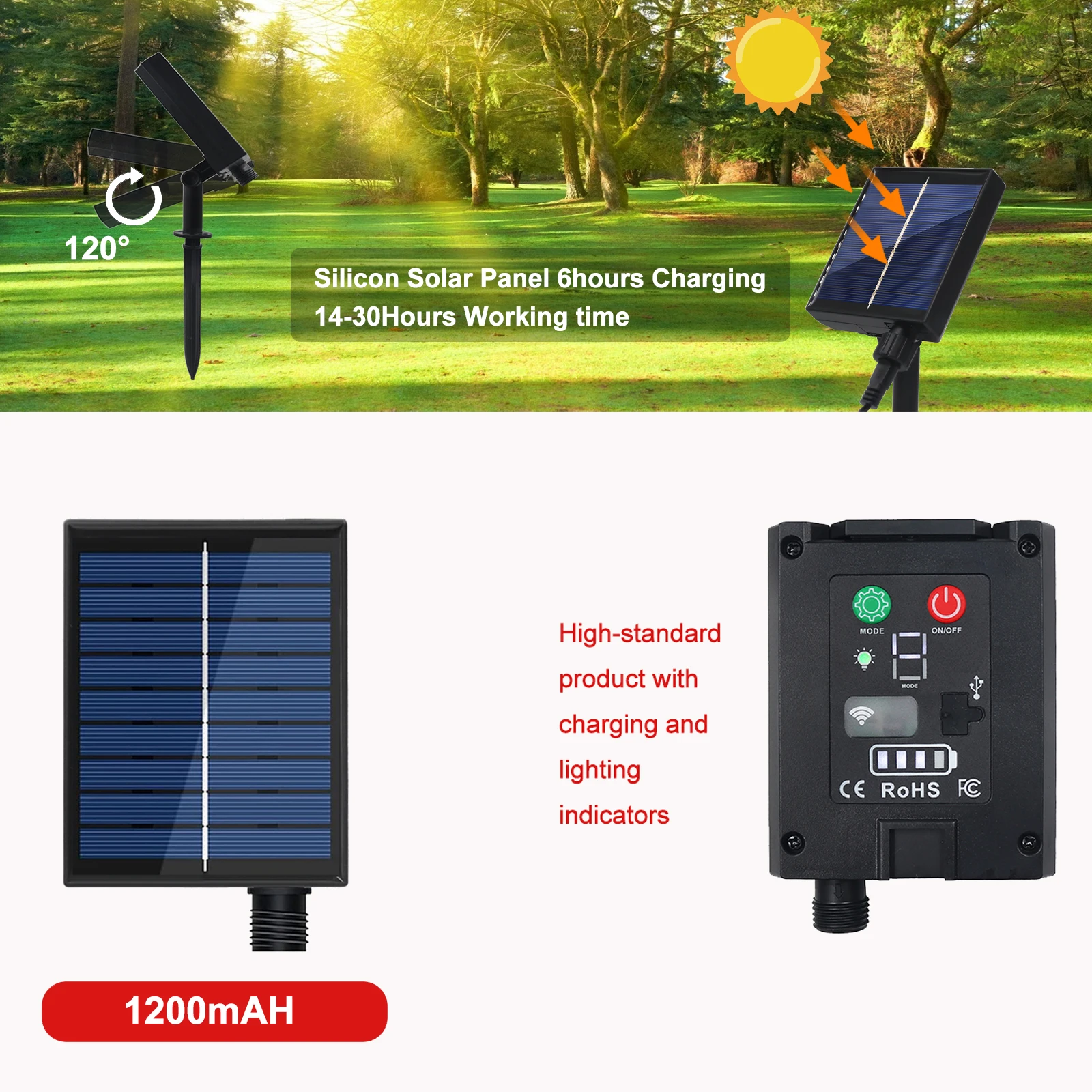 5V 태양광 LED 스트립 조명 60LED/M 8가지 조명 모드 리모컨 키트 1200mAh 야외 방수 따뜻한 백색 발코니 정원 장식