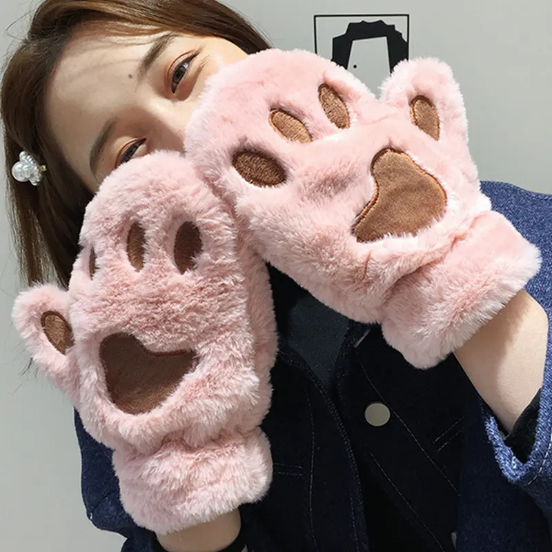 

New Winter Gloves Women Bear Plush Cat Paw Claw Gloves Cute Kitten All Finger Gloves Christmas Halloween for Girls Gift Gloves