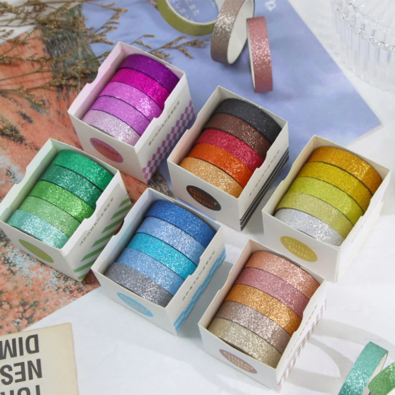 Glitter Washi Tape Journal Supplies 5Rolls Basic Masking Tape Scrapbooking Stationery Album Washitape Decorative Adhesive Tape 2