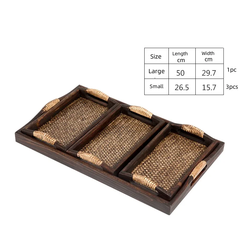 

Dark Brown Wood &Woven Rattan Nesting Serving Tray Asian Rustic Style Rectangular Wood Tea Tray With Cut-Out Handles