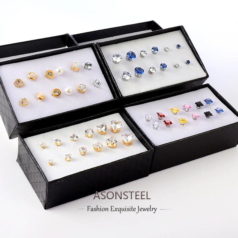 ASONSTEEL 6 짝/상자 반짝 이는 큐빅 지르코니아 여성을위한 작은 피어싱 스터드 귀걸이 광택 스테인레스 스틸 귀걸이 세트 보석 선물