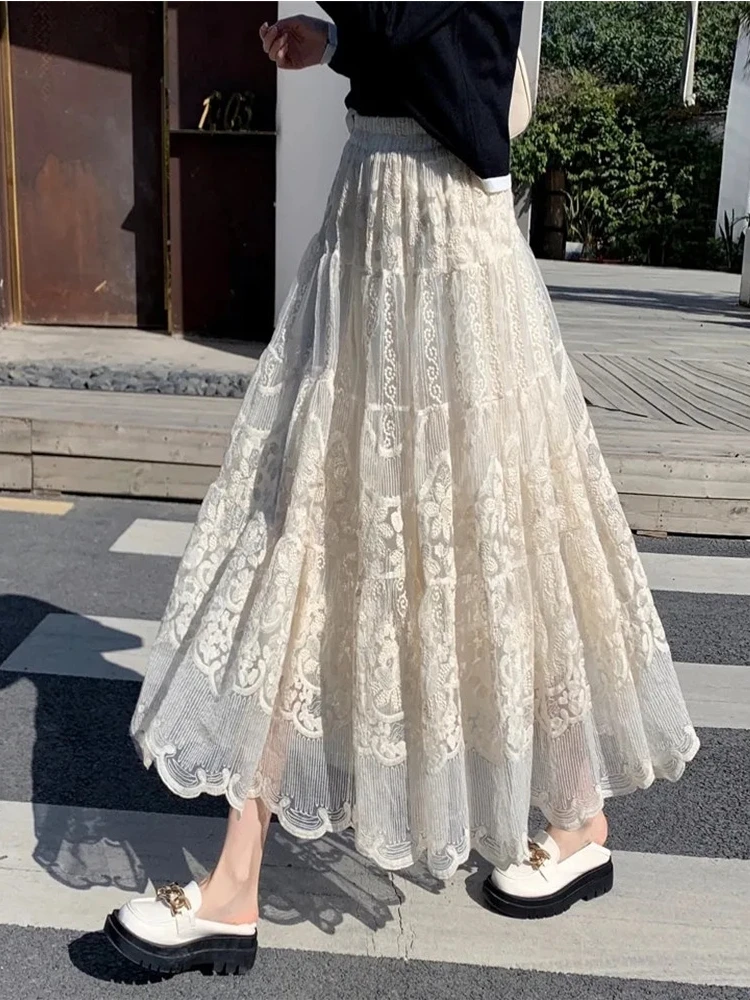 Demi-jupes japonaises en dentelle vintage pour femmes, taille haute, jupe  plissée A-Line, élégante, brodée, dégradée, longue, noir, blanc - AliExpress