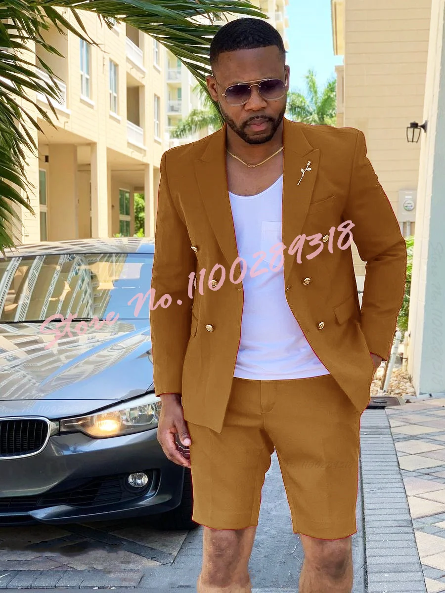 2023 Double Breasted Men Suits Summer Beach Groom Groomsmen Tuxedos Wedding Causal Suit Terno Masculino 2PCS(Blazer+Short Pants)