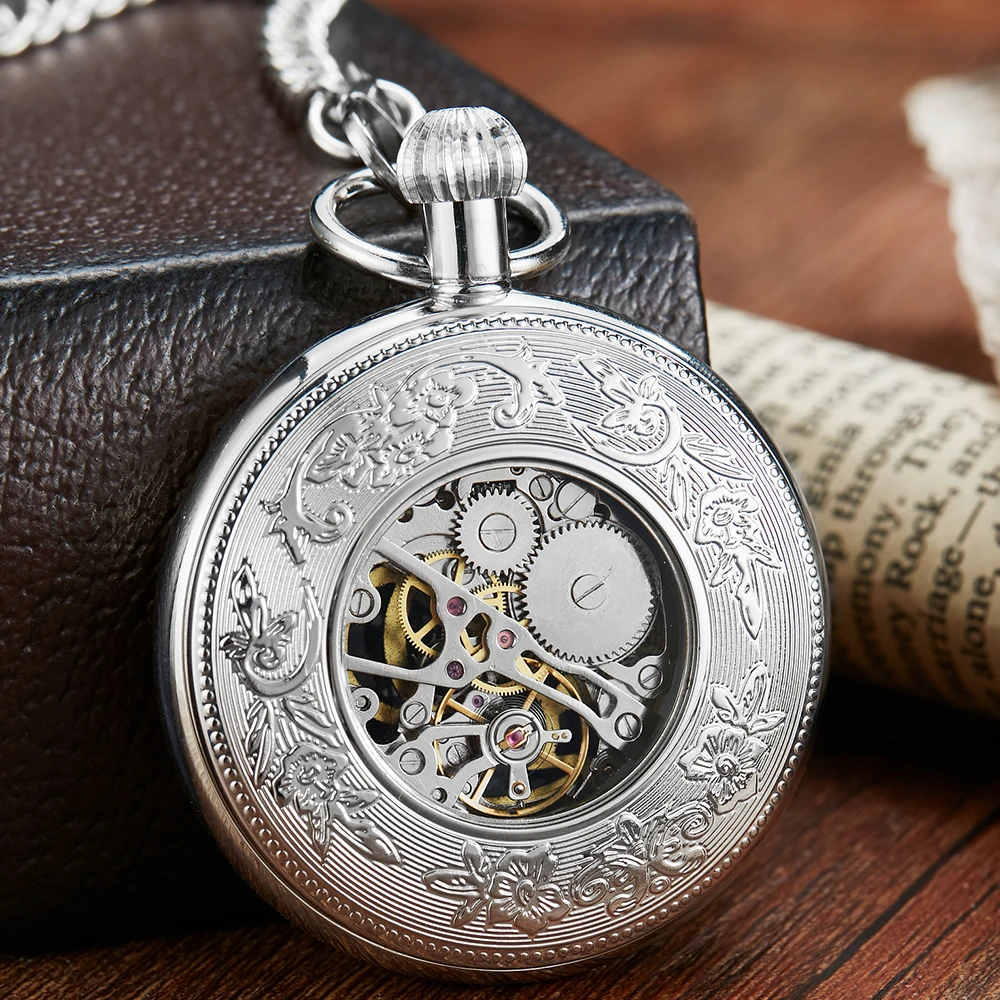 Skeleton Mechanical Pocket Watch Round Black Roman Dial Tonneau Clock Steampunk FOB Chain Men Box Women Pendant reloj hombre