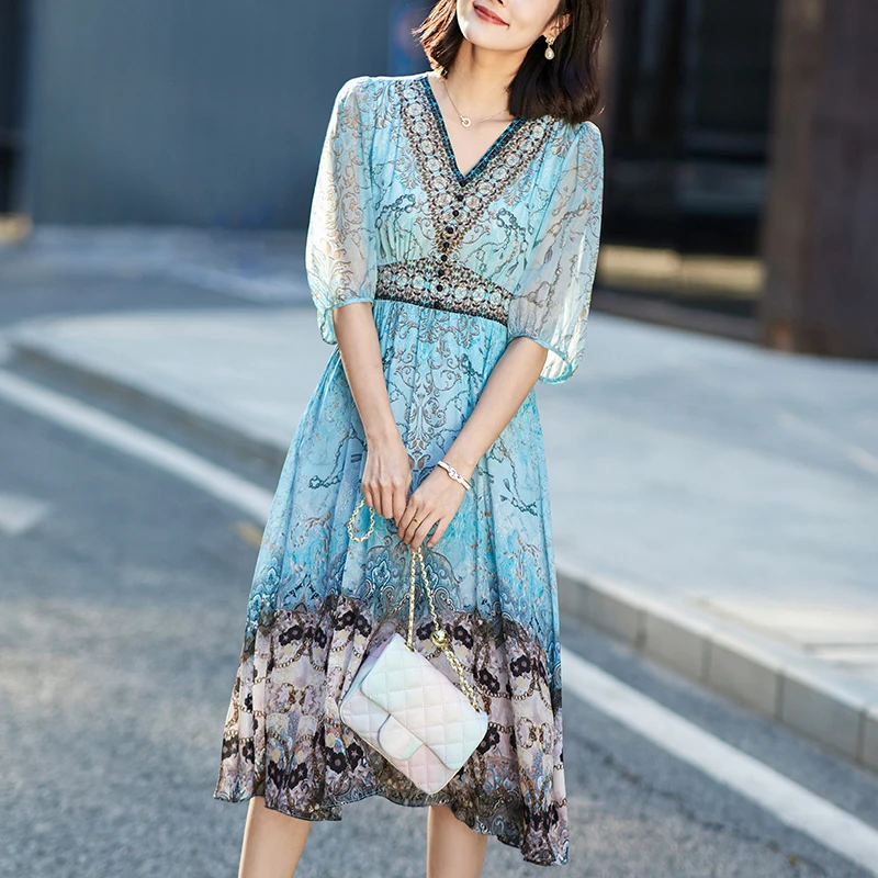 

Женское длинное платье из натурального шелка, элегантное платье с V-образным вырезом, рукавом до локтя, высокой талией и винтажным принтом, лето 2024