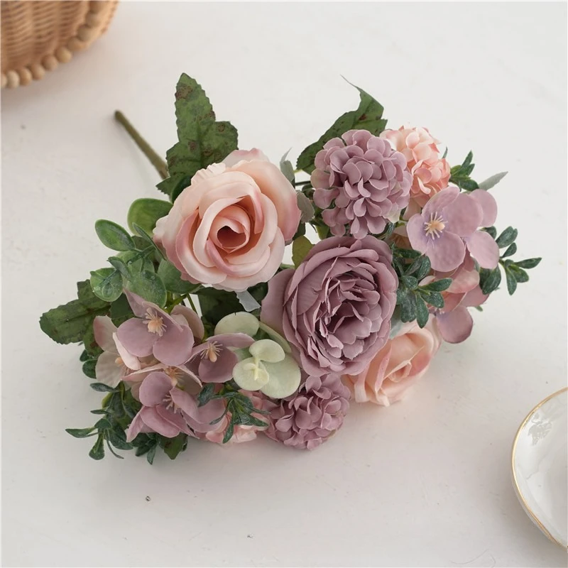 Simulation Blumen Hochzeit Europäische Retro Rose Pfingstrose Bouquet Seide Gefälschte Blume Hotel Dekoration Künstliche 7-Kopf Rosa Hortensie – Detail 11
