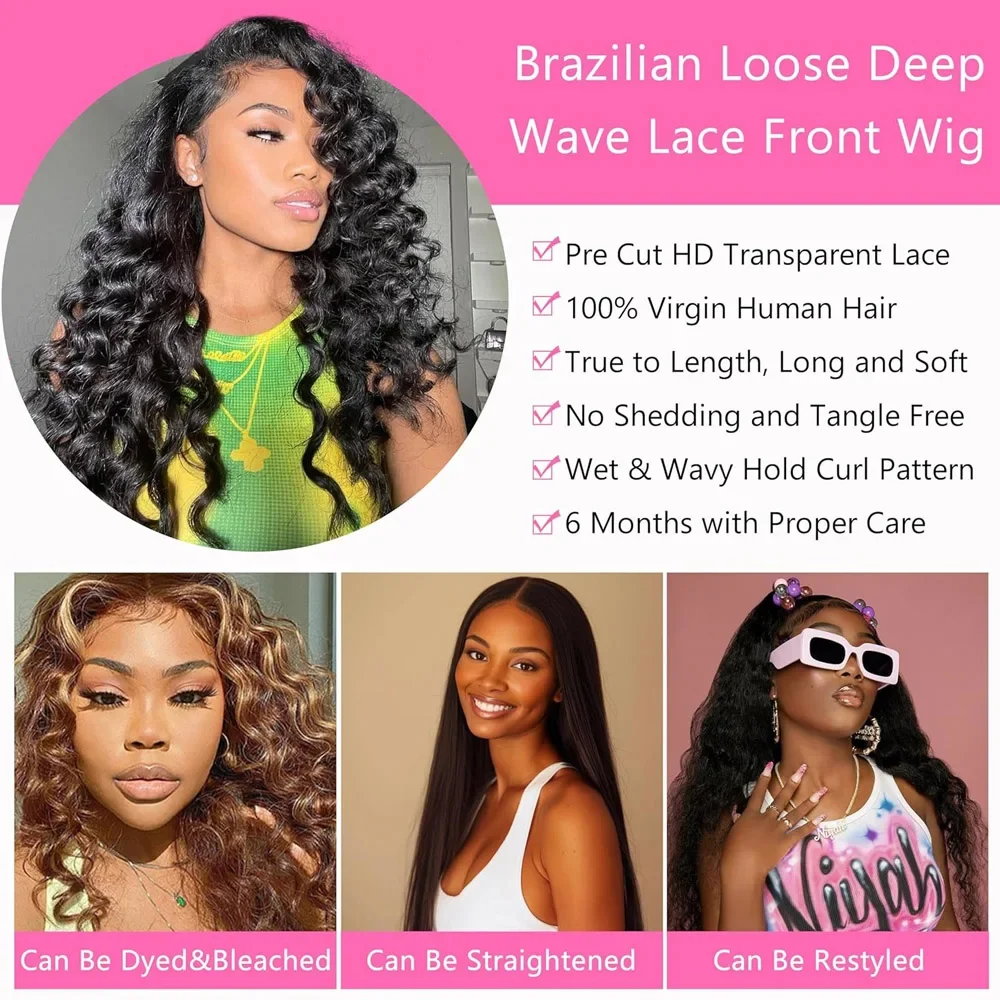 Brazilian Human Hair Wig 30/40 Inch 13x6 HD Lace Frontal Preplucked Loose Deep Wave Curly - Fluffy & Natural Hairlin