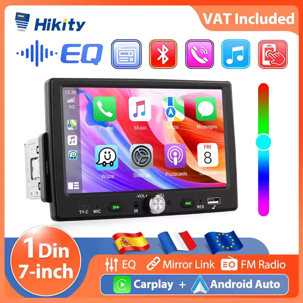 Hikity 1 Din Autoradio – 7 Inch Touchscreen, Draadloze Carplay & Android Auto, Bluetooth, FM, Achteruitrijcamera, 180W