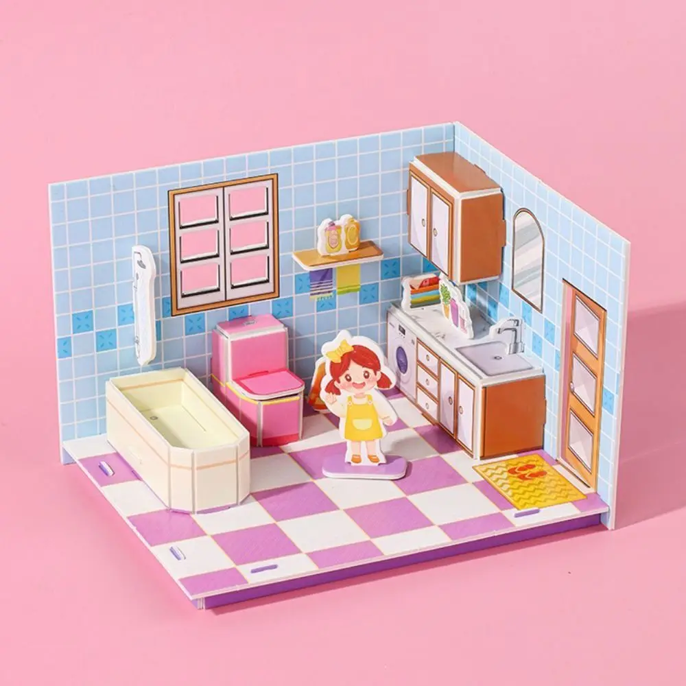 Cartoon 3D Model 3D Room Model Puzzle Kitchen Bedroom 3D Room Cardboard Handmade Bathroom Room Model Craft