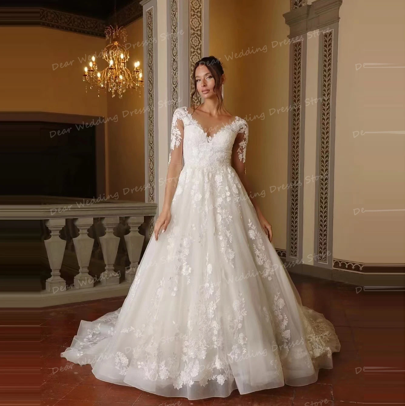 

Luxury Applique Backless Wedding Dresses Formal A Line Elegant Women's Sexy V Neck Lace Tulle Backless For Bridal Gowns Vestidos