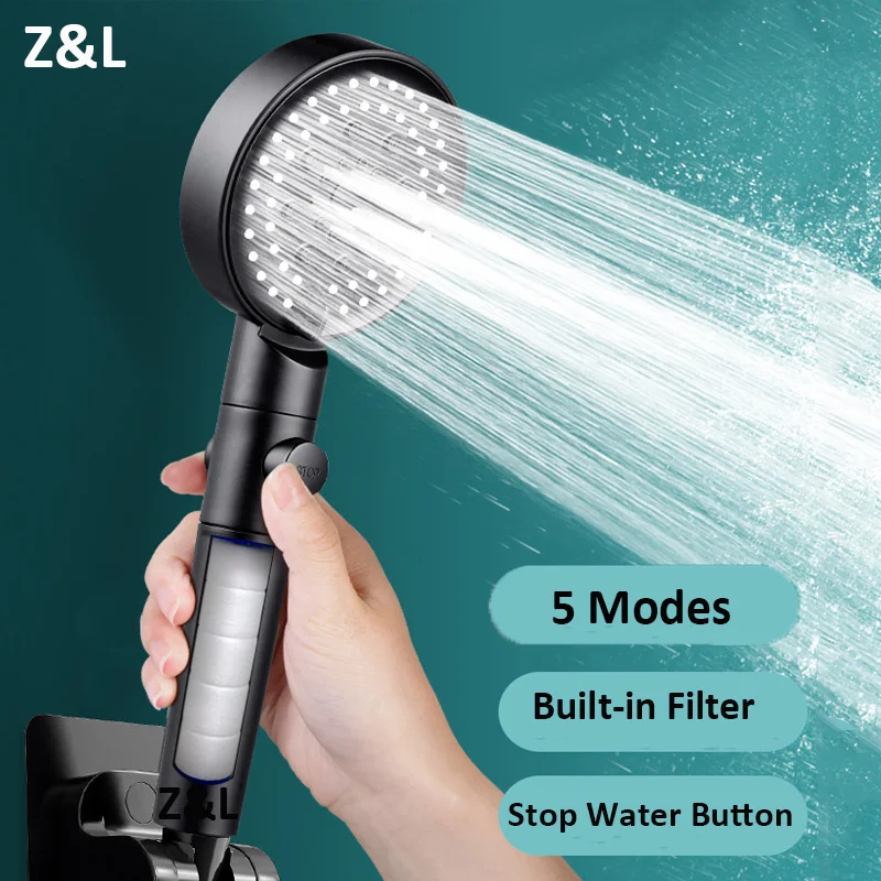 

Silver Black Shower Head 5 Modes Adjustable High Pressure Water Saving Shower with Stop Button Massage Shower Head for Bathroom