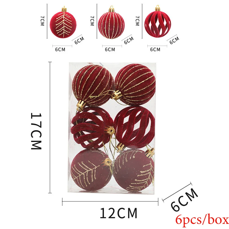 thumbnail image 1 of Juego de 6 bolas navideñas flocadas, color burdeos, blanco y verde, para colgar en el árbol de Navidad, decoración del hogar para Año Nuevo, 1 of 5