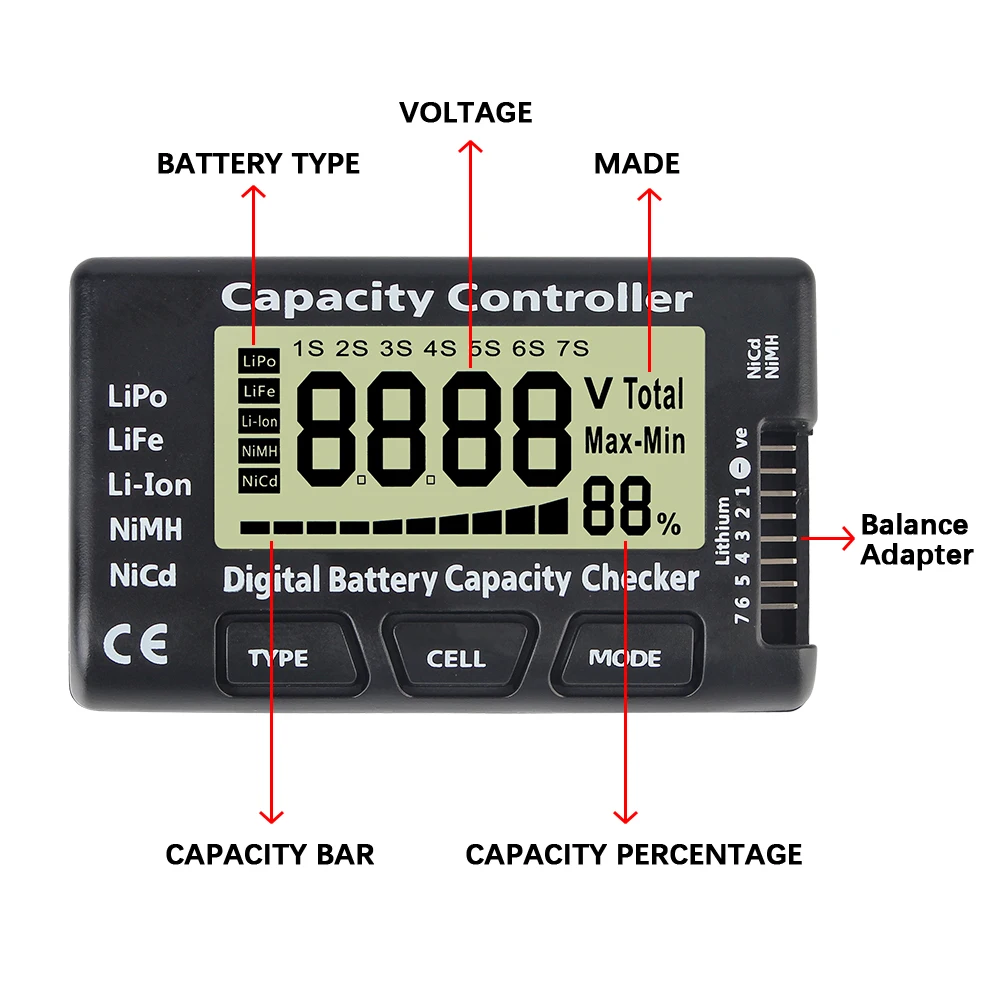 CellMeter 7 Controllo capacità tensione batteria RC Auto Barche Tester batteria di alimentazione per batterie Li-ion LiFe Nimh Nicd Lipo 1-7S - Image 4