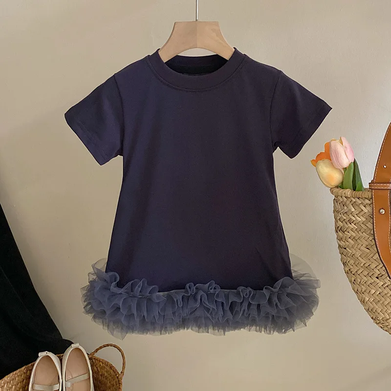 

Girls Casual Dresses Summer New Mesh Yarn Splicing Short Sleeved T-shirt Fashion Versatile Princess Tide 2024 Fashion