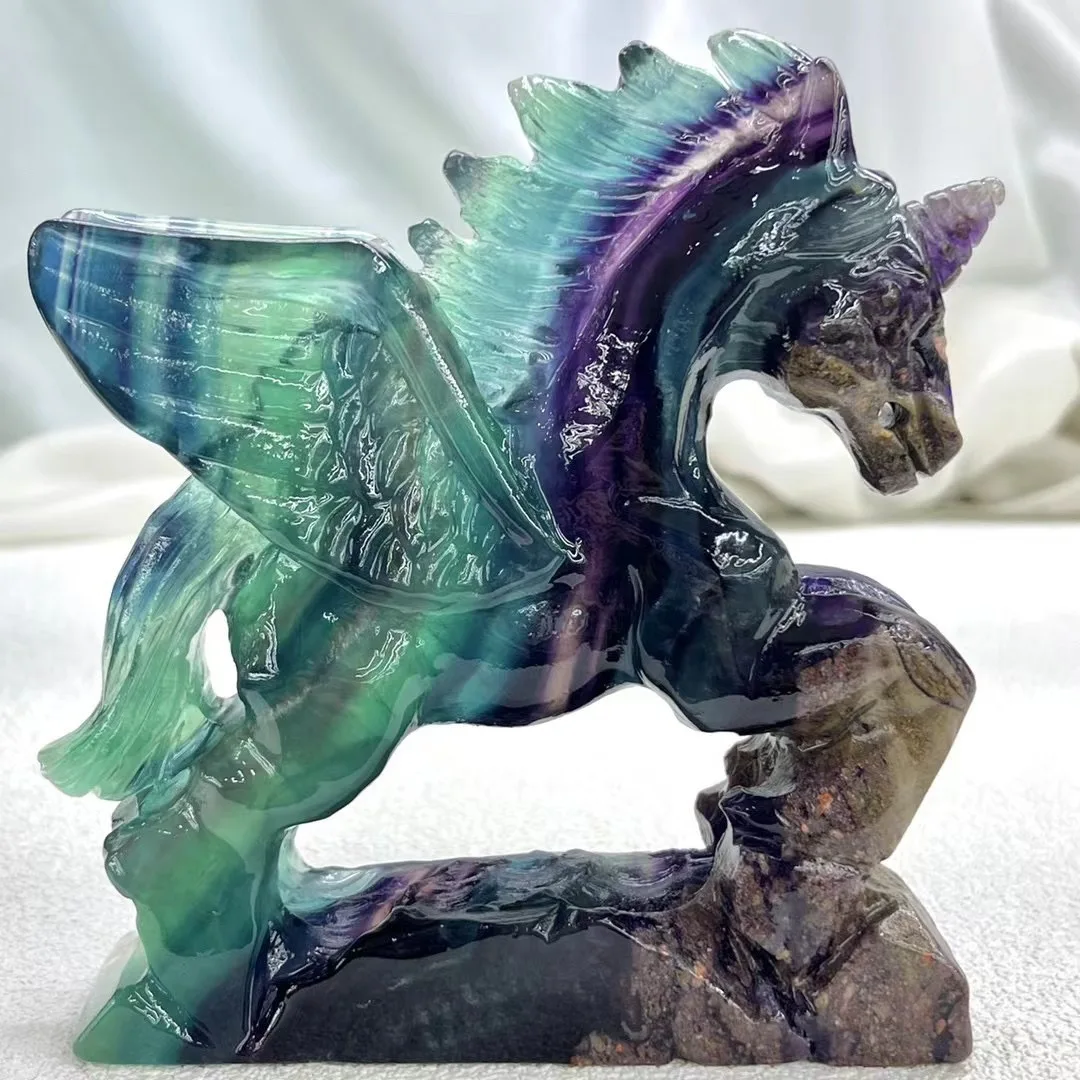 

15-16cm Natural Fluorite Crystal Unicorn With Rainbow Purple Quartz Horse Head Gemstone Licorne Healing Gift