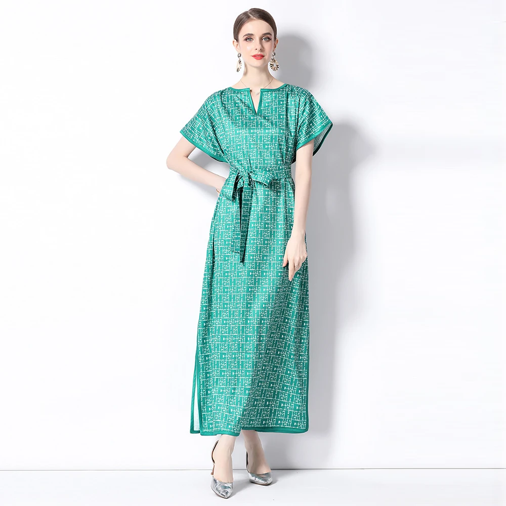 

Runway Summer Green Letter Print Holiday Maxi Dress Women O-Neck Short Sleeve Lace Up Belt Split Loose Long Vestidos M3944