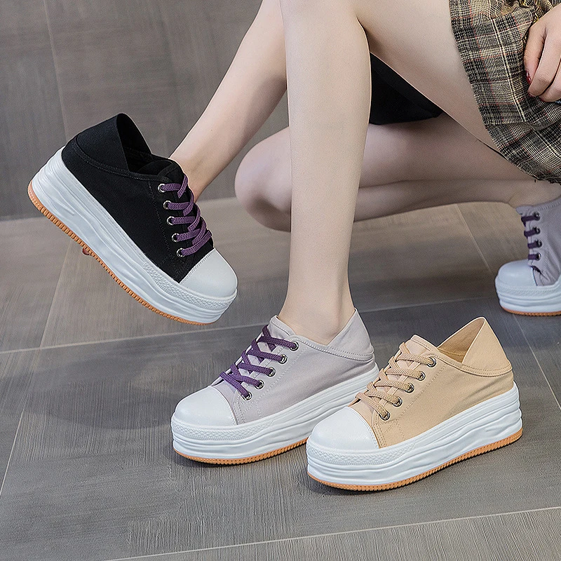

XMWRLW Women's Canvas Shoes 2022 Spring Autumn Fashion Candy Color Ladies Sneakers High Heels Women Autumn Shoes Chunky Sneakers