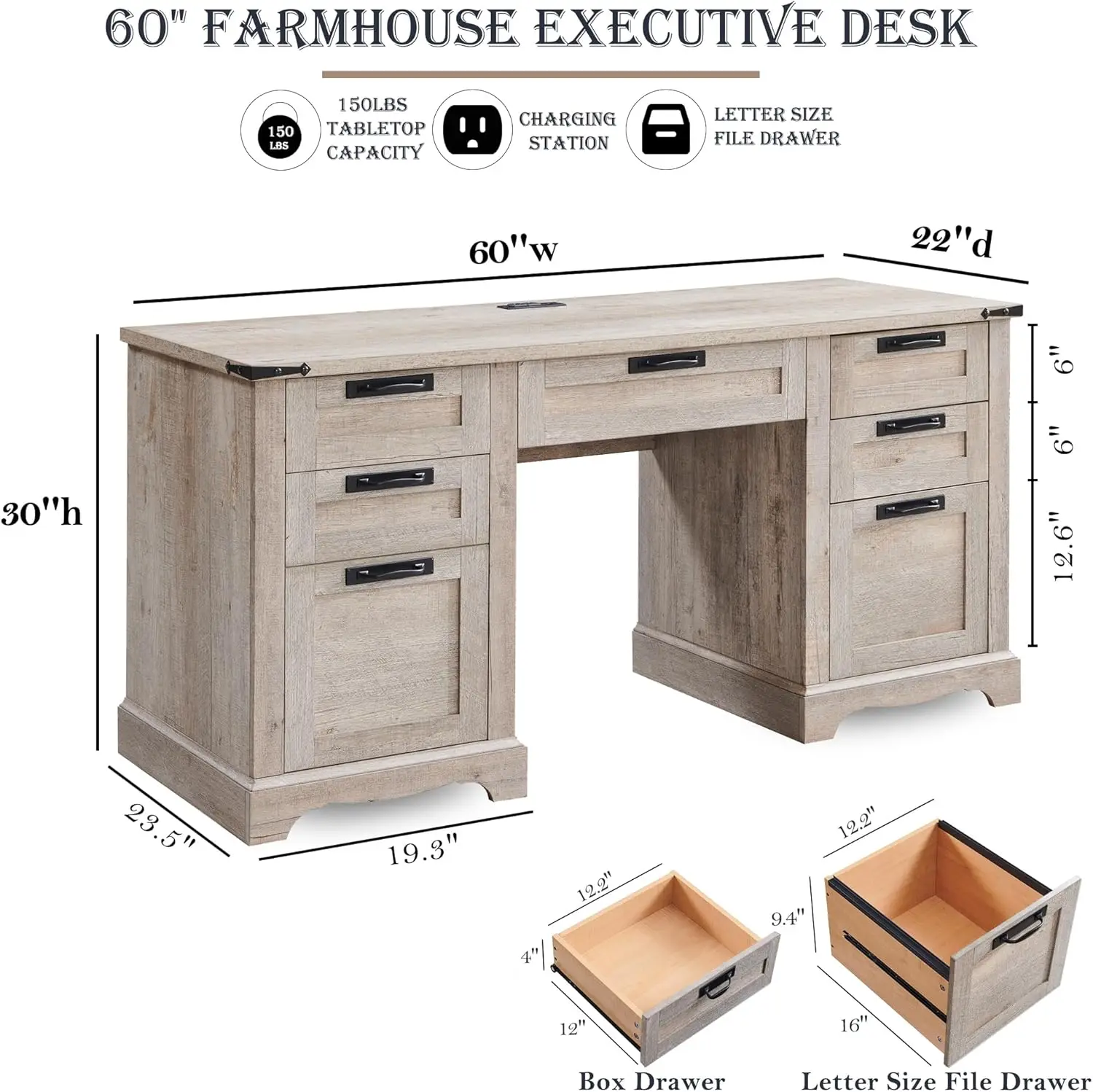 60" Executive Desk, Farmhouse Home Office Desk with Drawers, Charging Station, Keyboard Tray