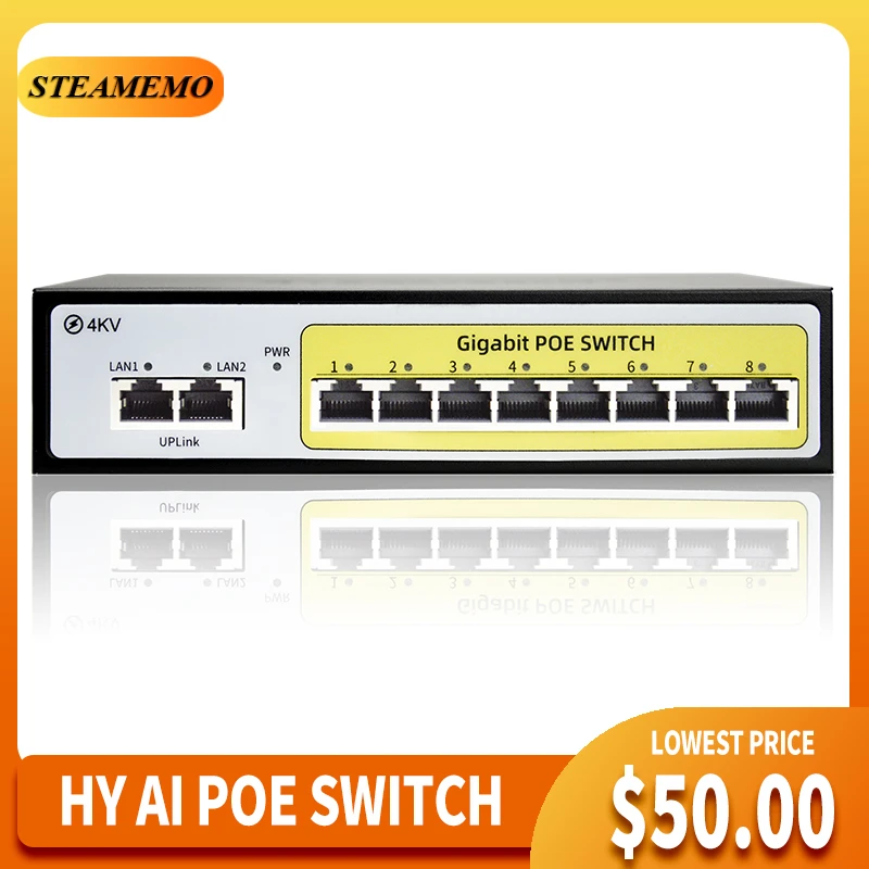 STEAMEMO Full Gigabit 8 Port PoE Switch 48V Switch Built in