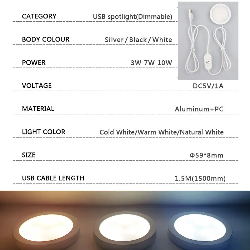 LED Downlight Spotlight 10W 7W 3W USB 5V Touch Dimming Surface Mounted Mini Circular for Exhibition Cabinet led cabinet light,led down light