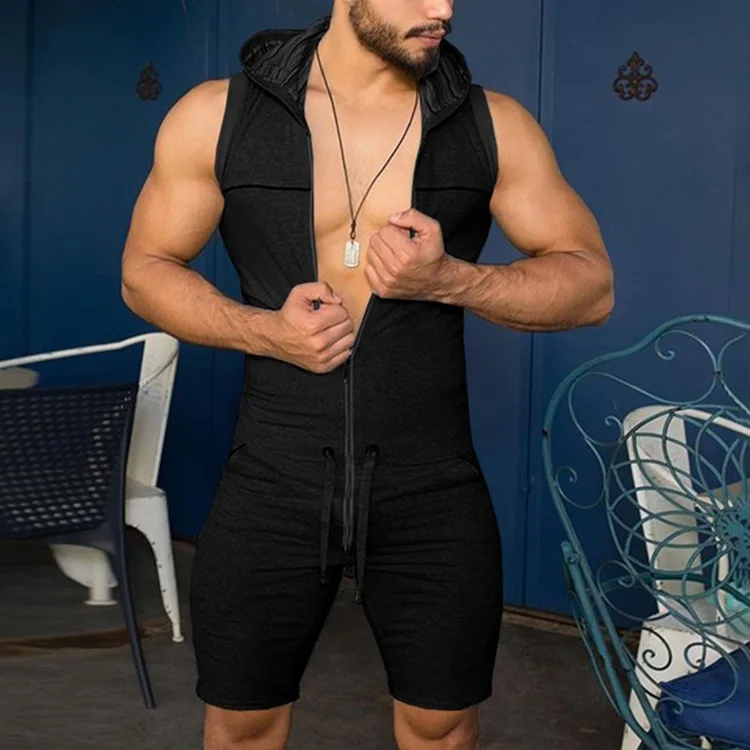 Summer Men Sports Suit Sleeveless Hooded Zipper Sweatshirt Solid