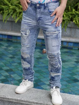 Jeans a gamba larga da uomo in stile effetto consumato e rattoppato Nuovi arrivi per la promozione estiva traspirante e fresca con spedizione gratuita 1