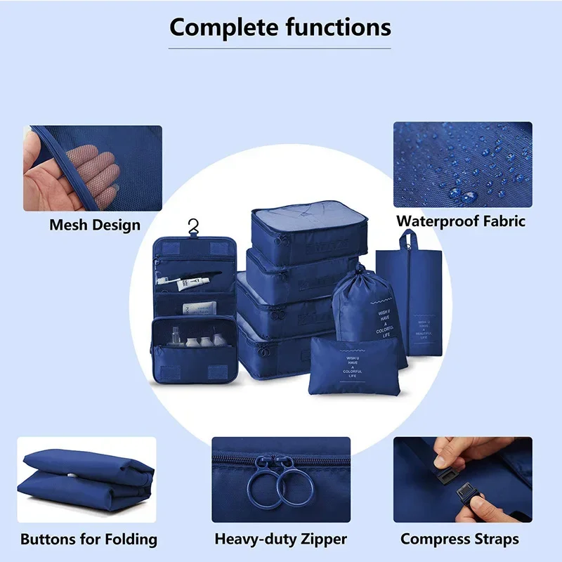 8Pcs/set Packing Cubes Travel Luggage Organizer Storage Bags Suitcase Packing Cases Clothes Shoe Tidy Pouch Bag Wash Bags
