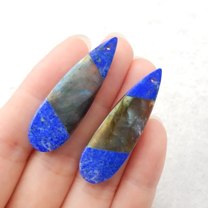 Natural Stone Labradorite Lapis Lazuli Beauty Jewelry Women Earrings Accessories 42x13x5mm 9.8g
