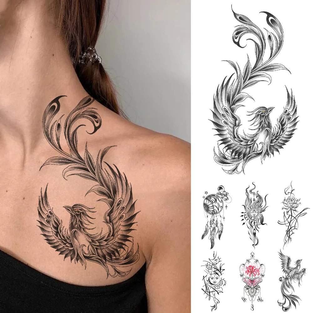 Chinese Style Waterproof Temporary Tattoo Sticker Black Phoenix Dragon Women Men Harajuku Tatoo Arm Neck Body Art Fake Tattoos
