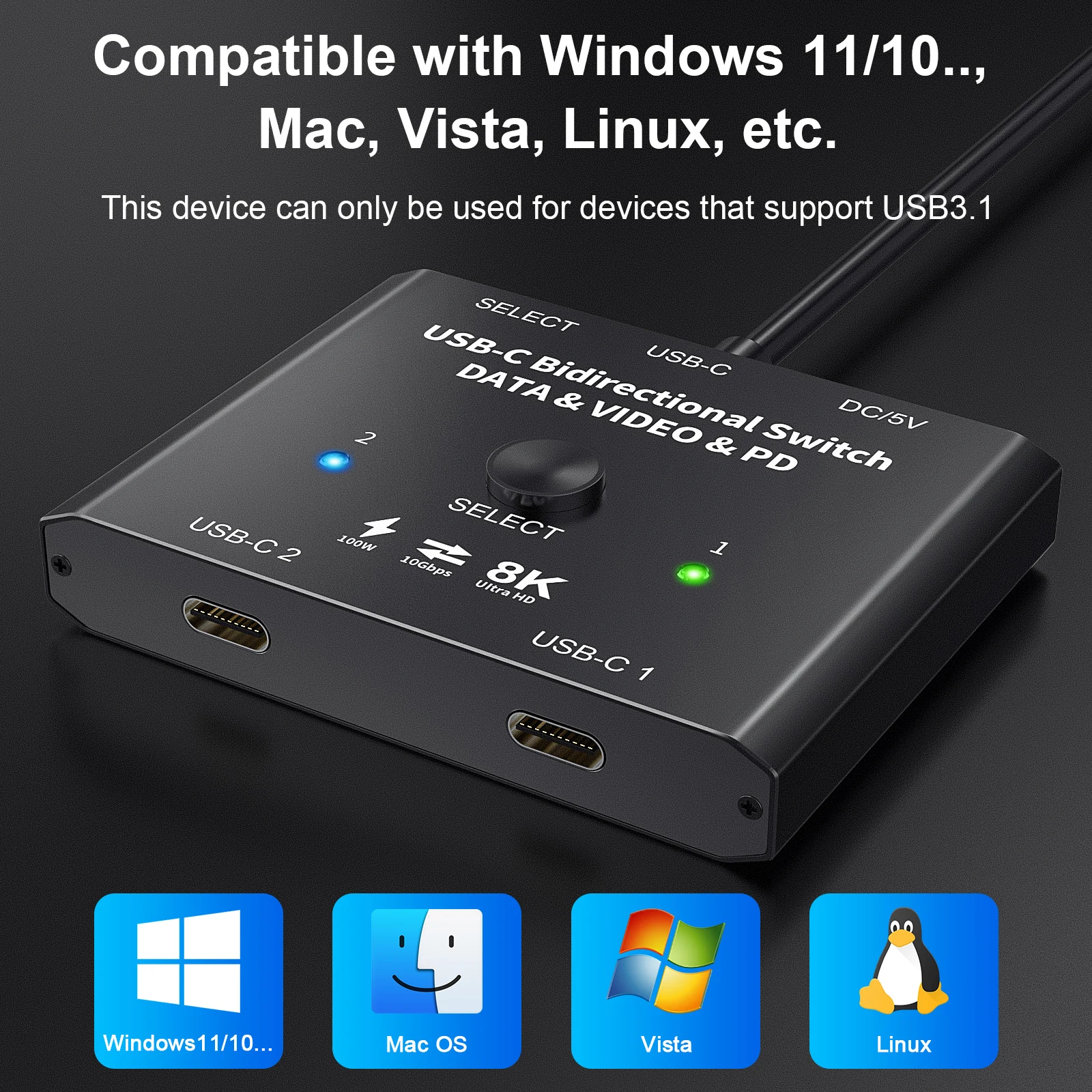 KVM   ó, ǻ   ҽ, USB C Ÿ ø, 100W, 2x1, 1x2, 8K