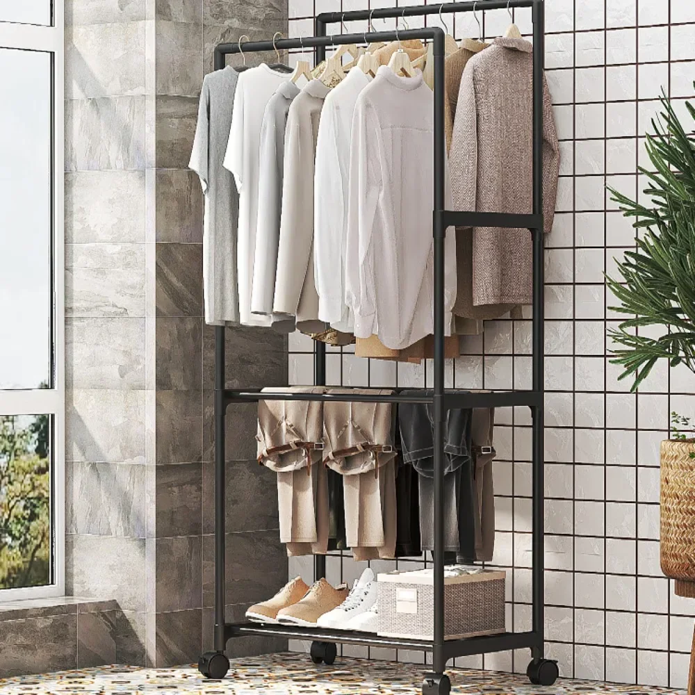 Double Pole Coat Rack Movable Clothes Storage Racks Multi Functional Clothing Hanger Shelves with Wheels Bedroom Stand Wardrobe clothes rack
