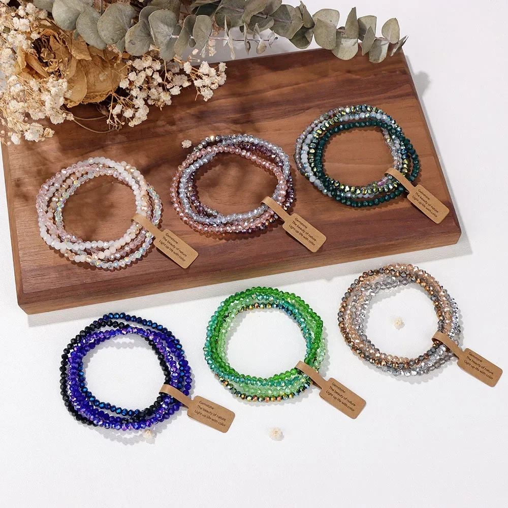 Faceted Glass Beads Stretch Bracelet 4 Pieces Set for Women Men Crystal Beads Elastic Rope Bracelet Handmade Jewelry