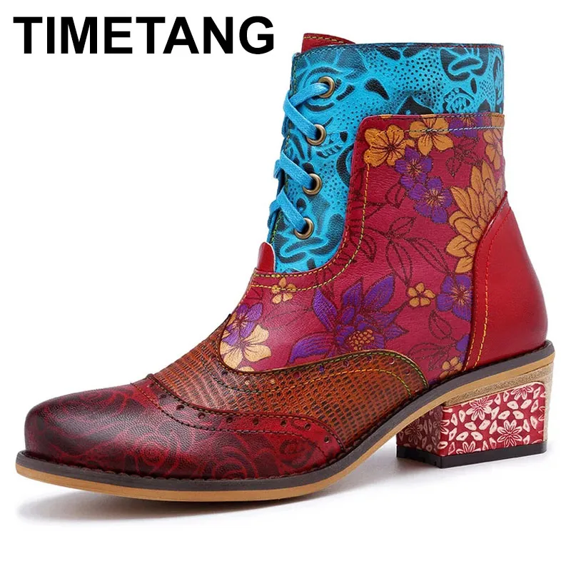 

Genuine Leather Winter Boots For Girls Botas Mujer Vintage Casual Lace-up Zipper Cowboy Ankle Western Boots Women Shoes Woman