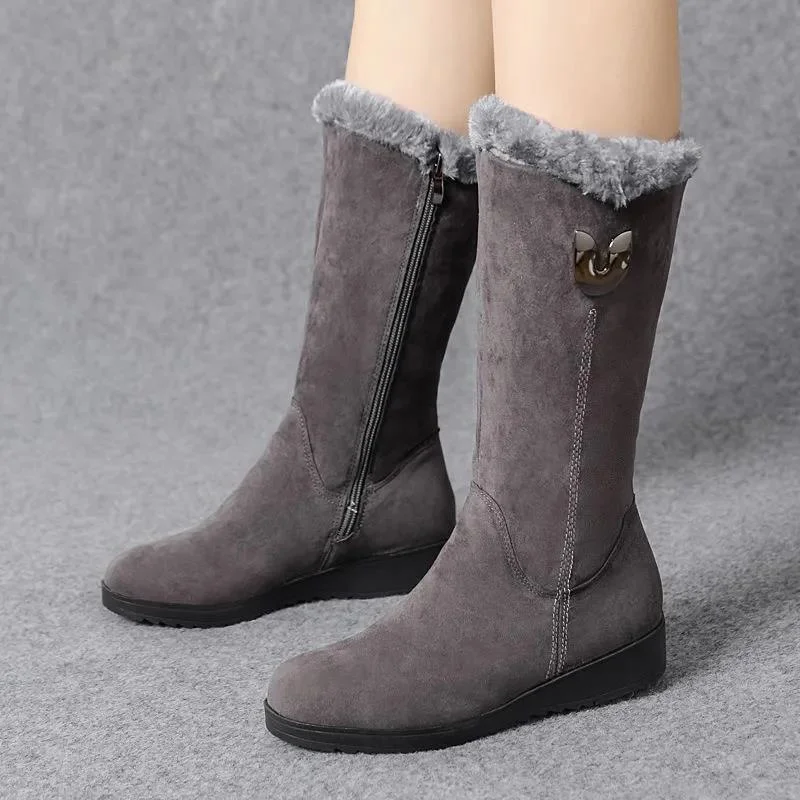 Warm Chelsea High Fur Boots Women 2023 Winter Shoes for Women Chunky Mid-calf Plush Snow Flat  Fashion Boots
