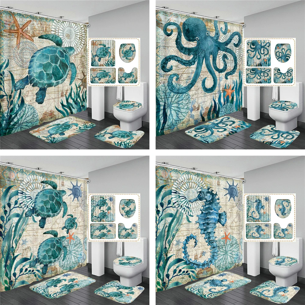 

Ocean Underwater World Turtle Dolphin 3D Printing Waterproof Shower Curtain with Rug Toilet Cover Bath Mat Set Bathroom Decor