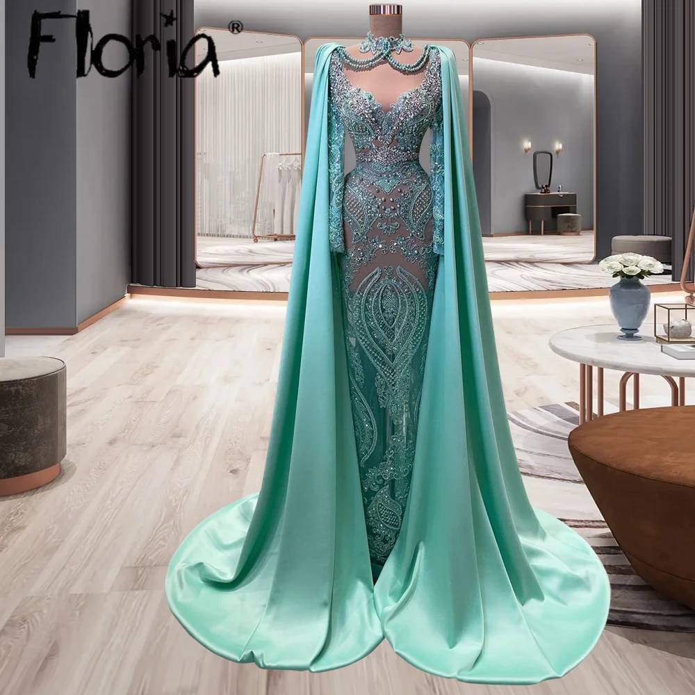 

Middle East Custom Made Turquoise Evening Dress With Long Cape Sleeves for Women Gorgeous Beaded Mermaid Party Night Gowns 2023