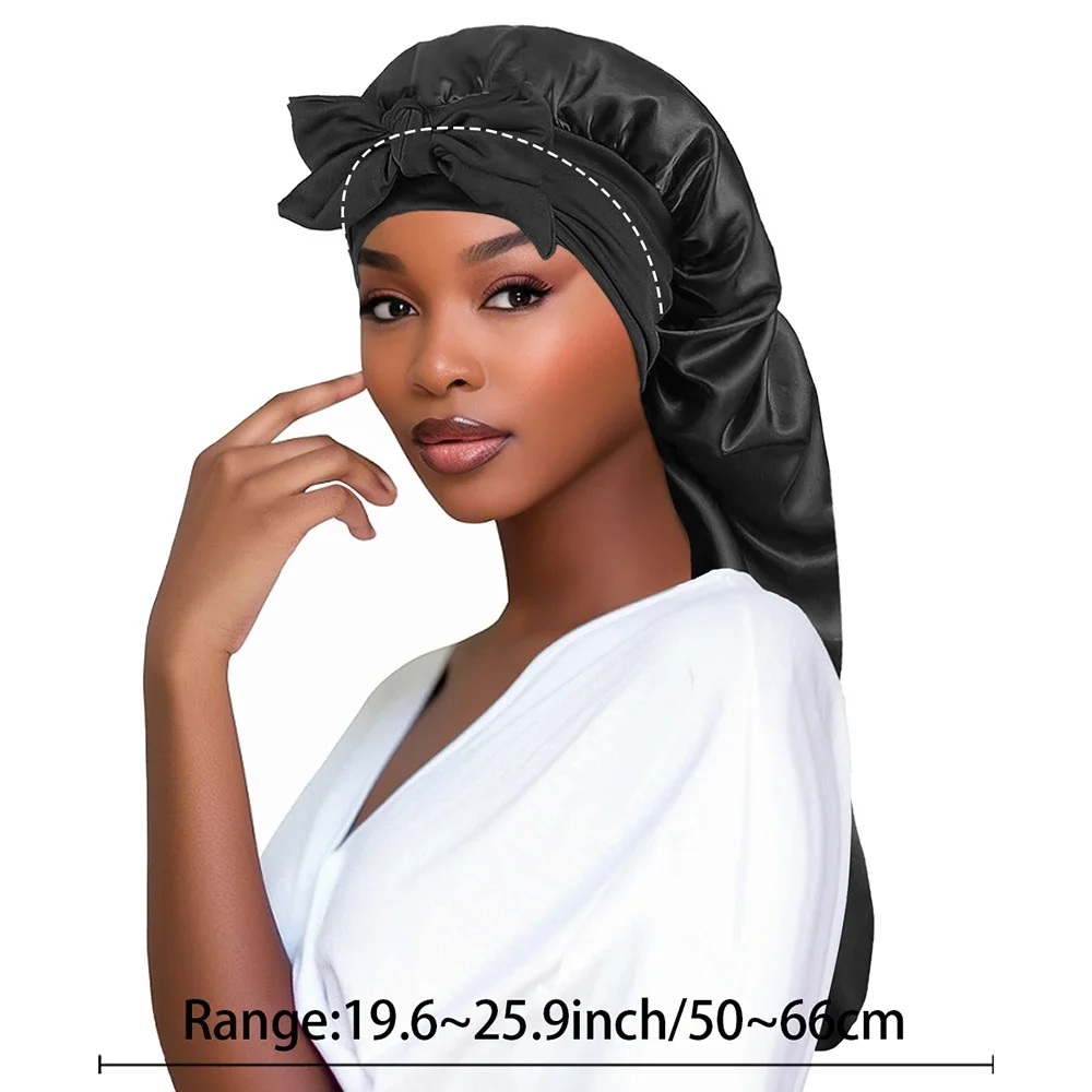 Women Bonnet Satin Sleeping Hat Long Tail Braid Hair Night Sleep Cap Head Cover Bonnets Shower Caps for Sauna Bathing Bonnet 2