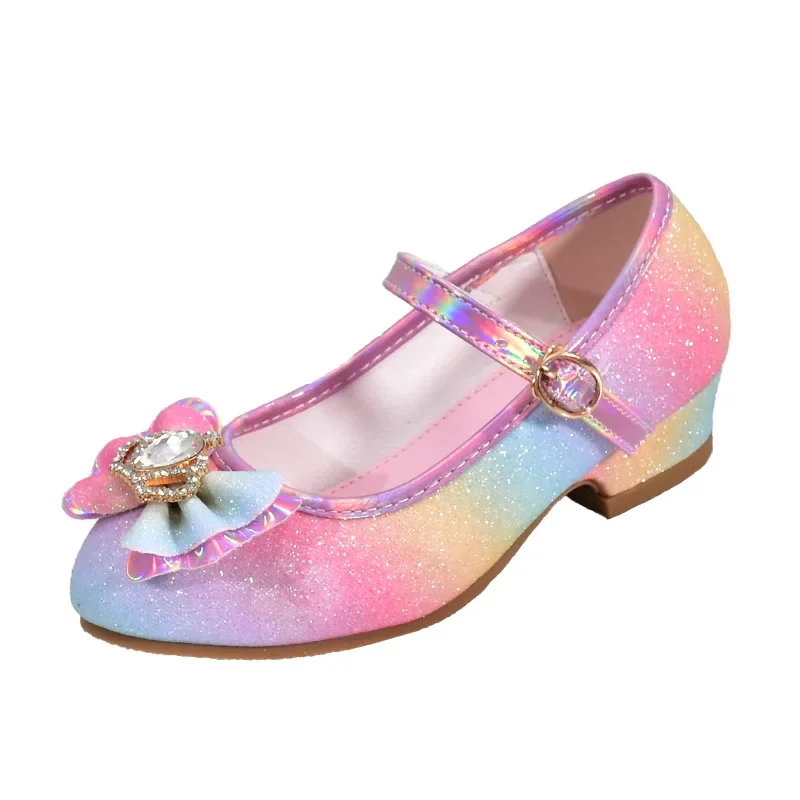 Girls Rhinestone Crown Leather Shoes Fashion Glitter Bow-knot Kids High Heels Shoes Children Princess Shoes for Party Wedding