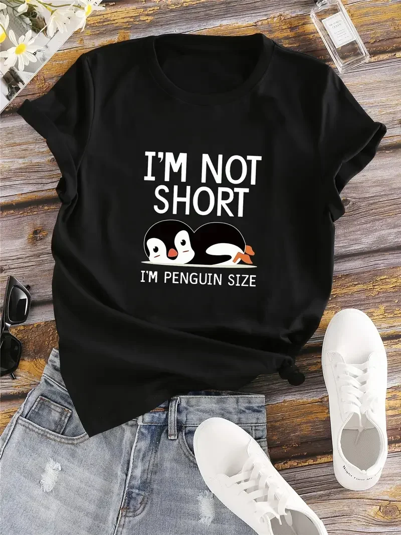 Im Not Short Im Penguin Size Letter & Animals Print T-Shir Crew Neck Short Sleeve T-Shirt Casual Every Day Tops Shirts For Women 1