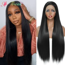 X-TRESS-Peluca de cabello sintético para mujeres negras, pelo largo y liso con malla frontal, Color Natural, fibra resistente al calor