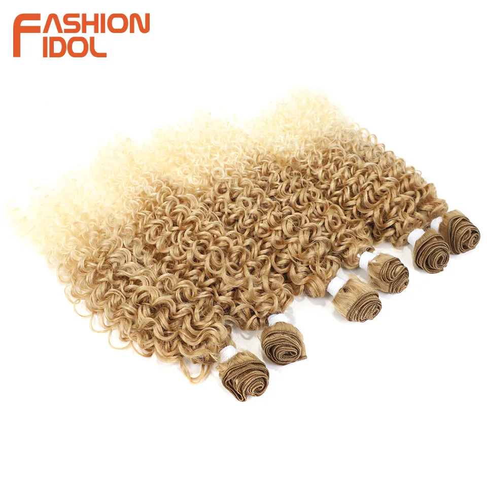 Hair Extensions FASHION IDOL Afro Kinky Curly Hair Extensions Synthetic Hair Bundles 14-18 inch 6PCS Weave For Women Ombre Brown Fake