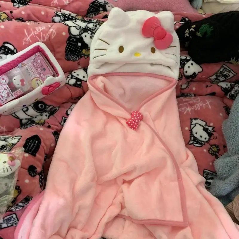 

Kawaii Sanrio Cartoon Short Plush Shawl Cute Kitten Home Cape Blanket Hooded Cape Christmas Birthday Creative Gifts