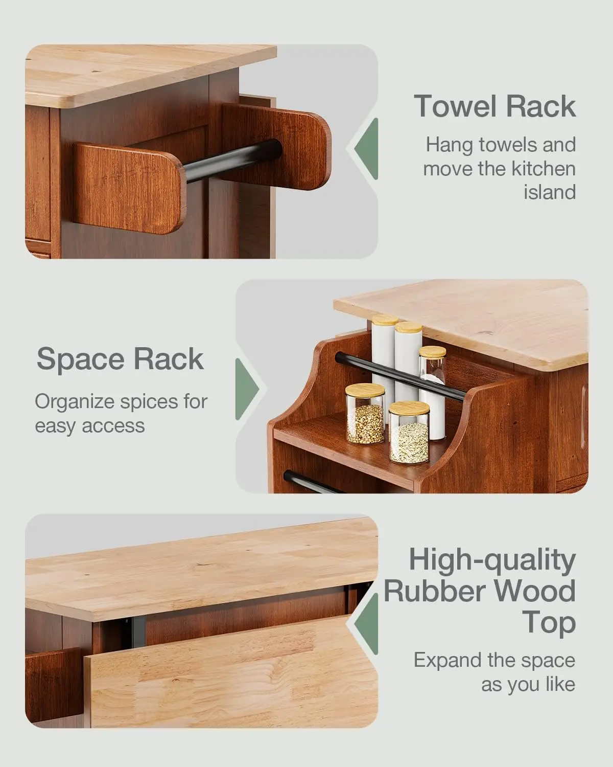 Kitchen Island with Drop Leaf and Storage on Wheels Two Drawers Large Storage Cabinet Towel Rack Spice Cart Brown