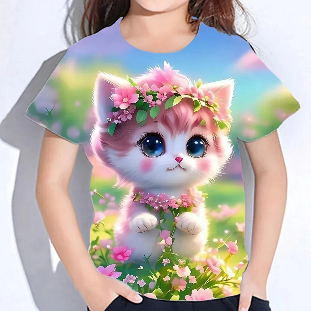 Children's Clothes 3d Print Kawaii Cat Pattern T Shirts Short Sleeve Tops 2024 Kids Clothing Girls Boys Clothes 2 To 8 Years 6