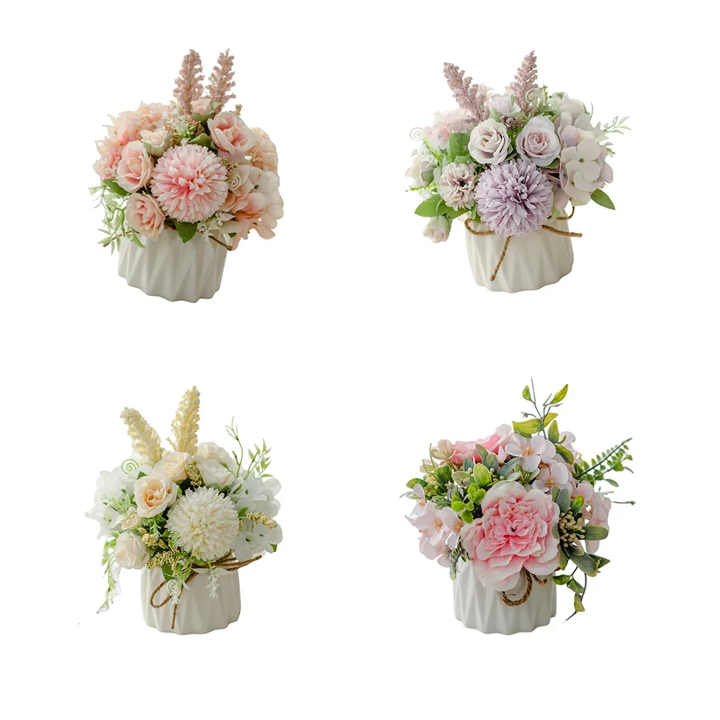 

Artificial Flowers Ceramic Vase Faux Rose Bonsai Home Decor Planter